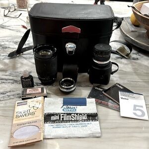 Vivitar Lot of 3 lenses w/cases cleaning items & large camera case Made In Japan